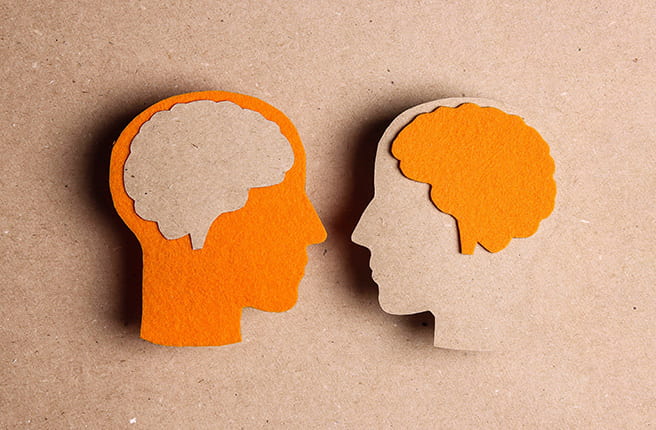 Decorative image of facing profiles in opposing orange and background gradients highlighting the brain.